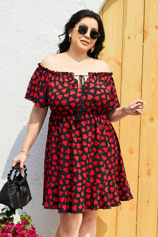 Plus Size Heart Print Off-Shoulder Tied Dress Red