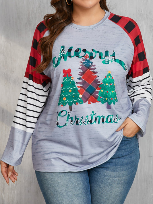 Plus Size Christmas Tree Plaid Round Neck Long Sleeve T-Shirt Gray