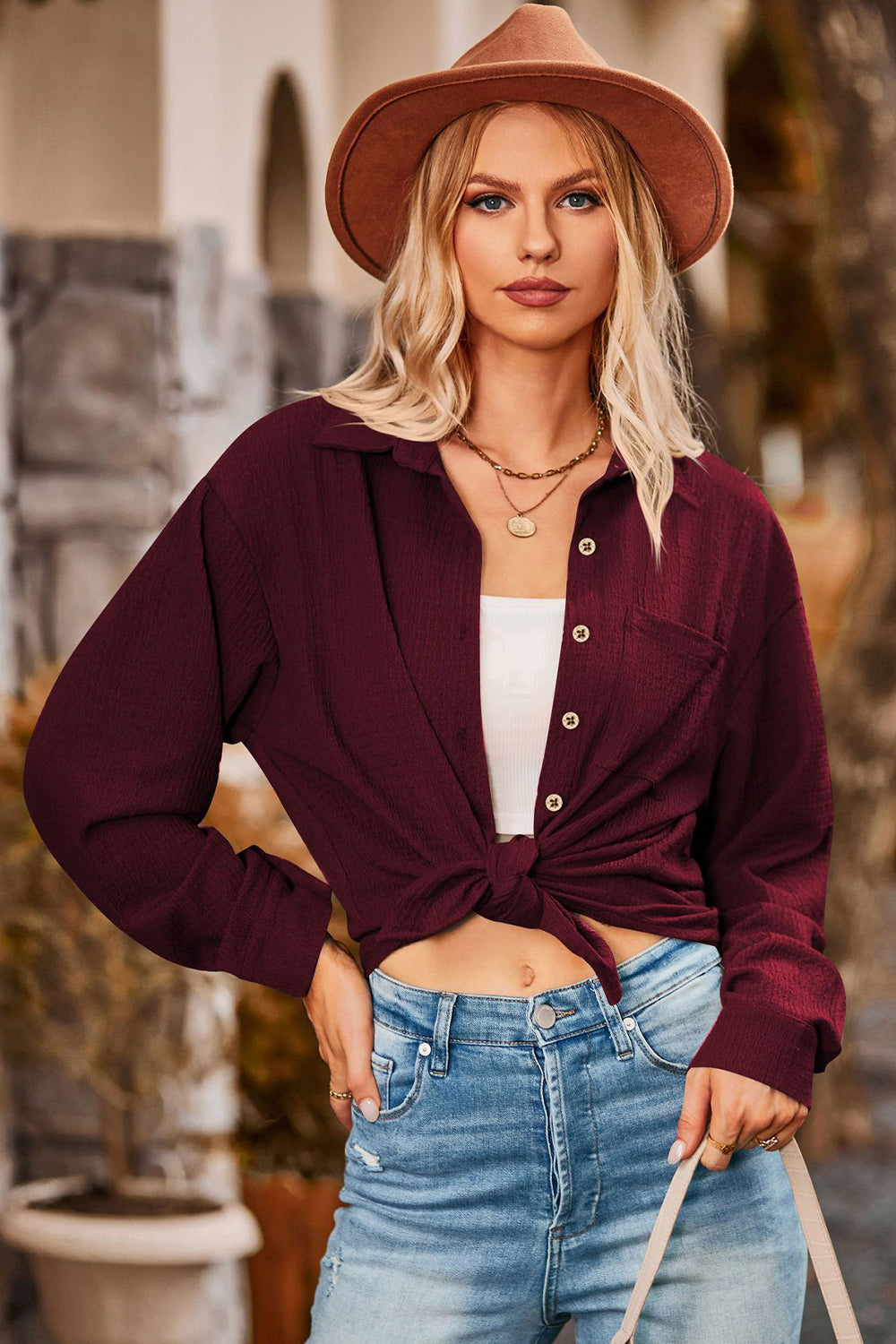 Twisted Collared Neck Long Sleeve Shirt Wine