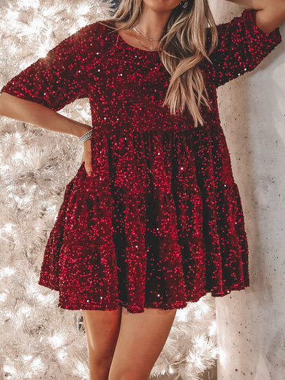 Full Size Sequin Round Neck Half Sleeve Mini Dress Burgundy