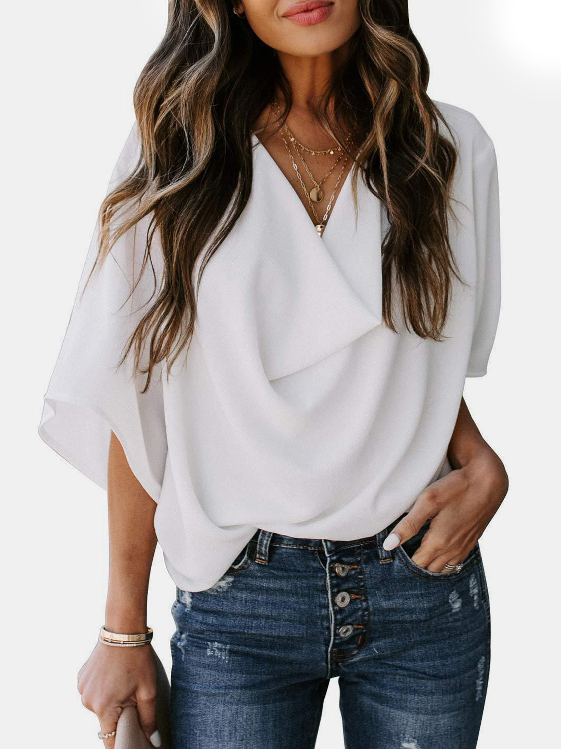 Full Size Cowl Neck Three-Quarter Sleeve Blouse White