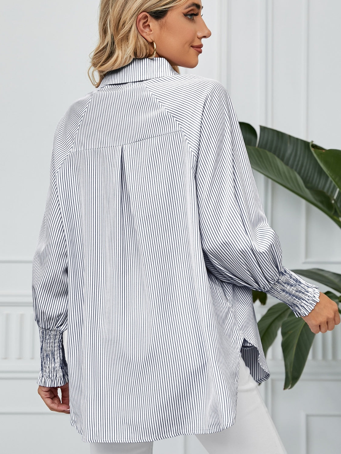 Striped Button Up Smocked Long Sleeve Shirt