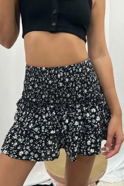 Printed Frill Trim Smocked Mini Skirt Black