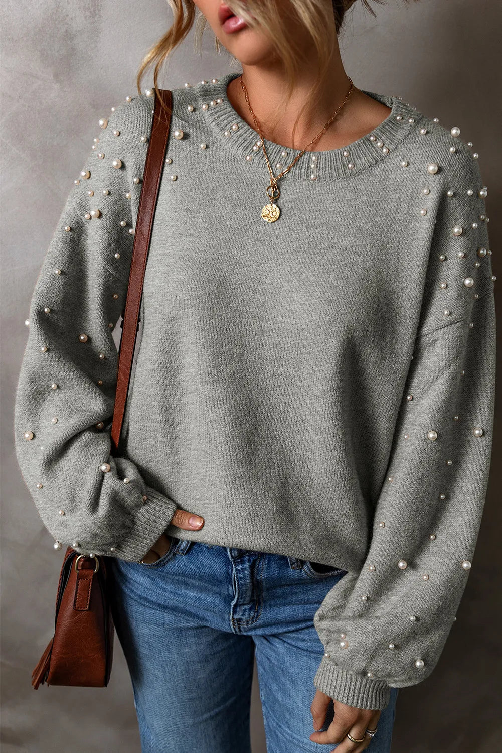 Pearl Detail Round Neck Long Sleeve Sweater | Chic & Cozy Gray