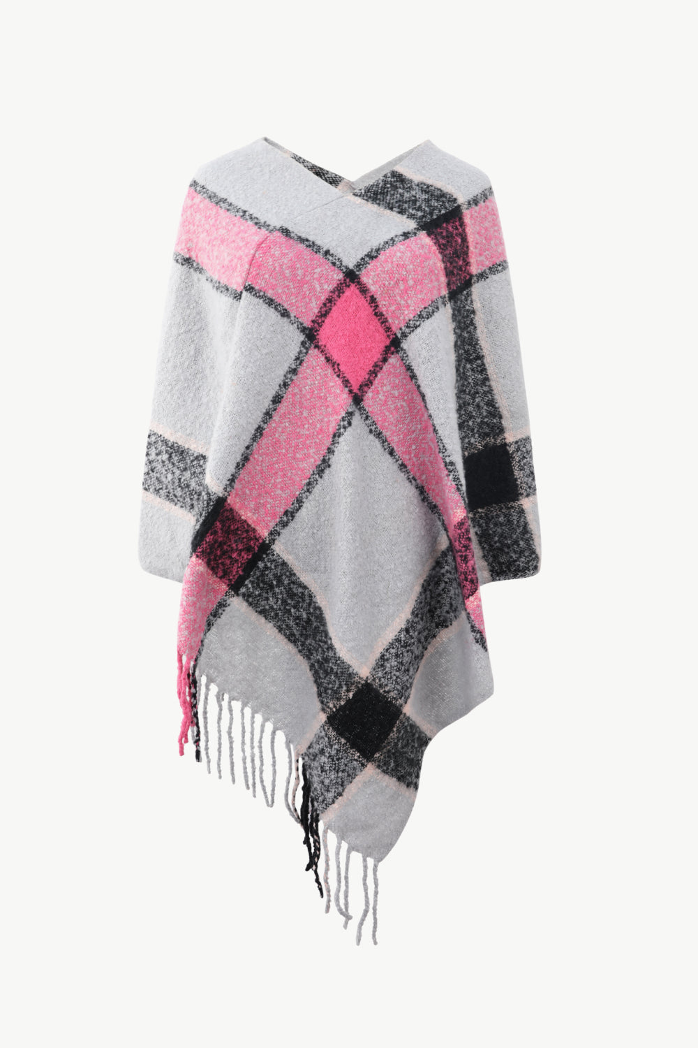 Plaid Fringe Detail Poncho - Thandynie