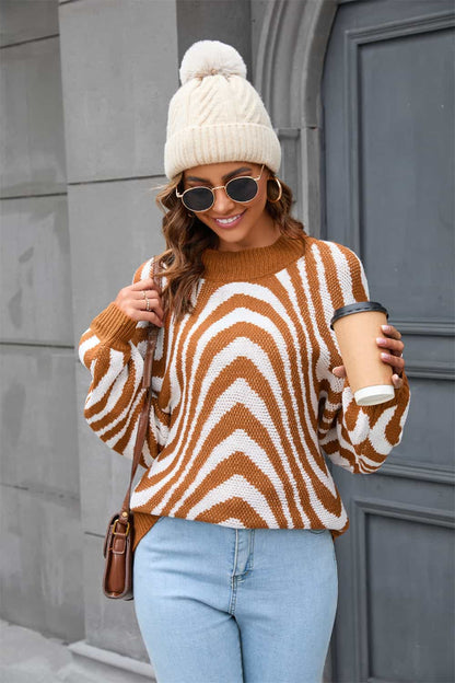 Printed Round Neck Long Sleeve Pullover Sweater Caramel