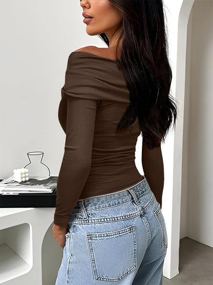 Ruched One Shoulder Long Sleeve T-Shirt Chocolate