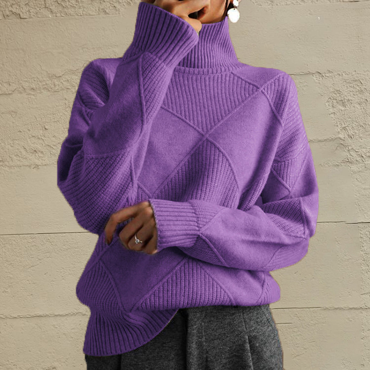 Geometric Turtleneck Long Sleeve Sweater Mauve