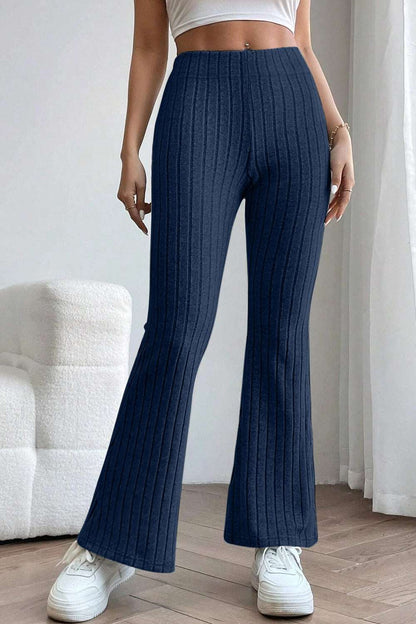 Basic Bae Full Size Ribbed High Waist Flare Pants Dark Blue