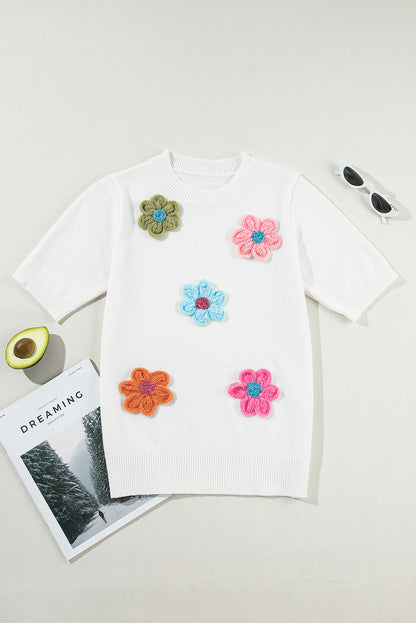 Flower Round Neck Short Sleeve Sweater White