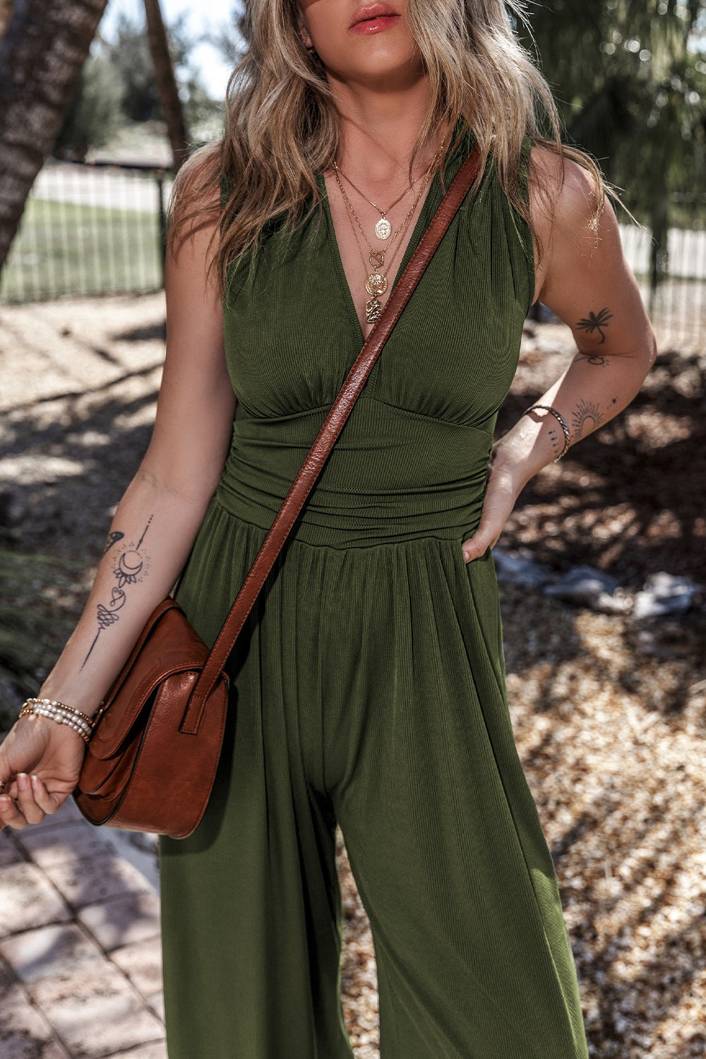 V-Neck Sleeveless Wide Leg Jumpsuit - Thandynie