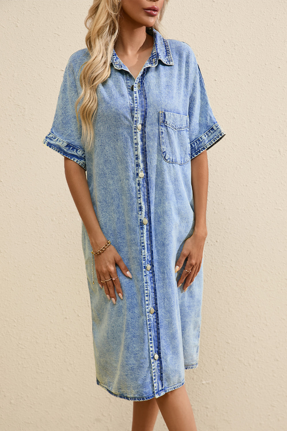 Light Blue Loose Medium Wash Short Sleeve Shirt Chambray Dress