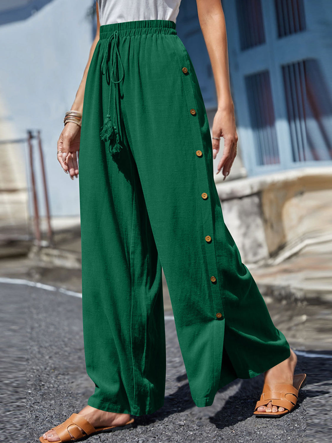 Full Size Tassel Wide Leg Pants Dark Green