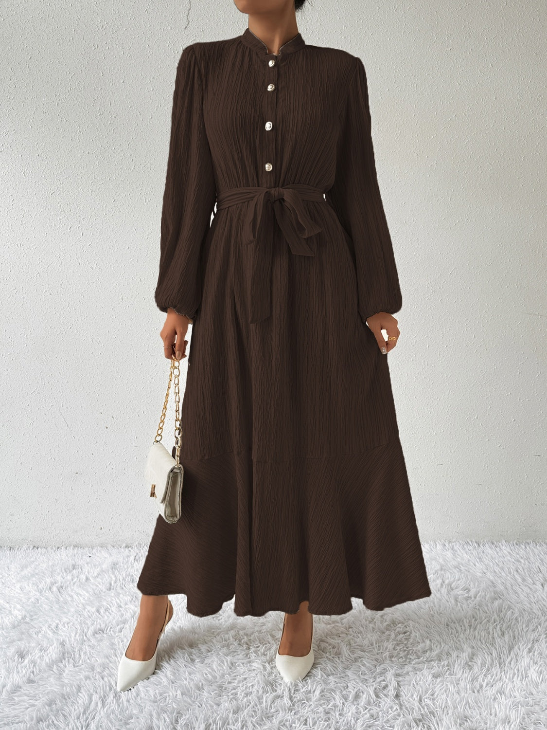 Tie Waist Long Sleeve Dress Chocolate