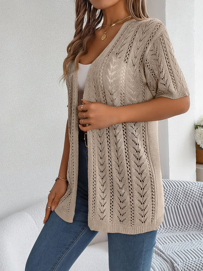 Openwork Open Front Half Sleeve Cardigan Tan