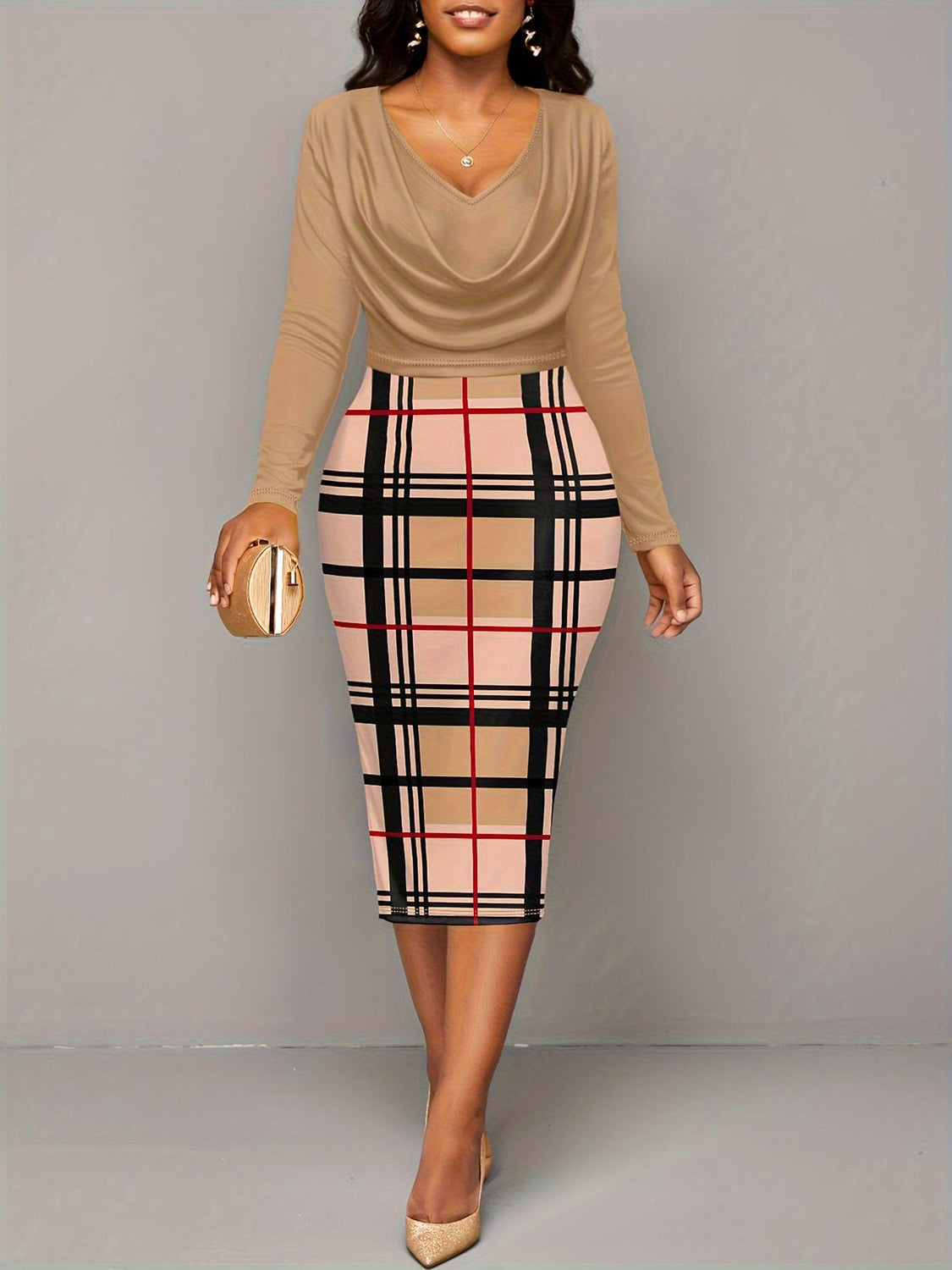 Plus Size Plaid Long Sleeve Mini Dress - Thandynie