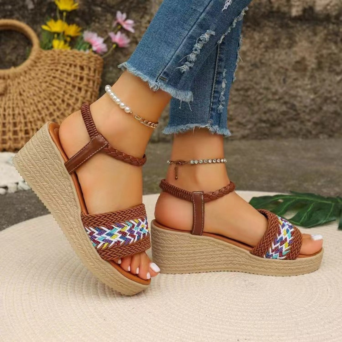 Open Toe Wedge Woven Sandals - Thandynie