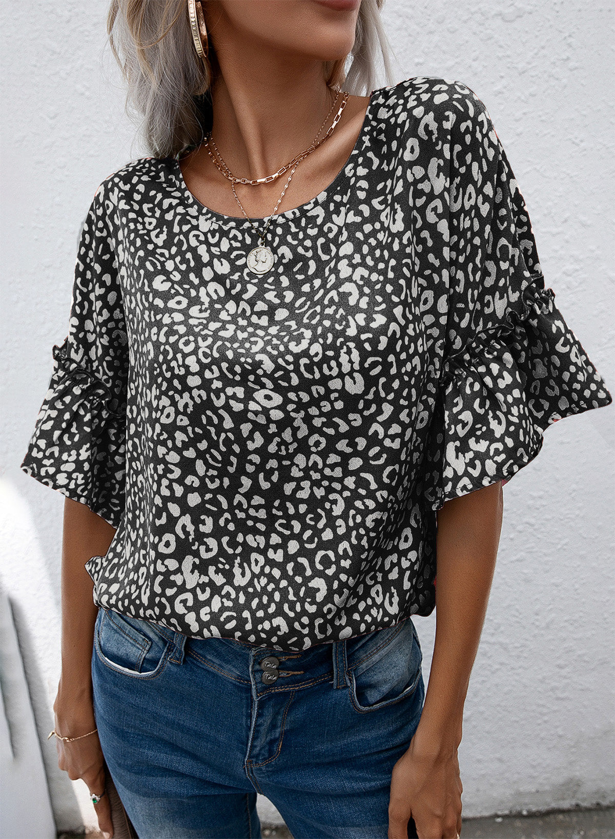 Leopard Round Neck Frill Trim Blouse Black