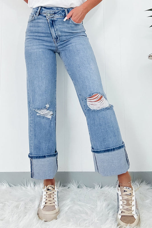 Dusk Blue High Rise Asymmetric Button Zip Fly Ripped Jeans Dusk Blue 93%Cotton+5%polyester+2%Elastane