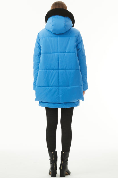 Blue Plush Linen Zip Up Hooded Puffer Coat