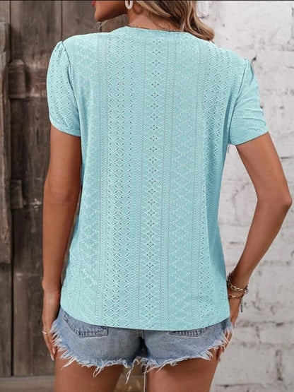 Eyelet V-Neck Petal Sleeve T-Shirt