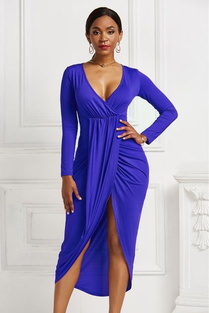 High-low Ruched Surplice Long Sleeve Dress Royal Blue