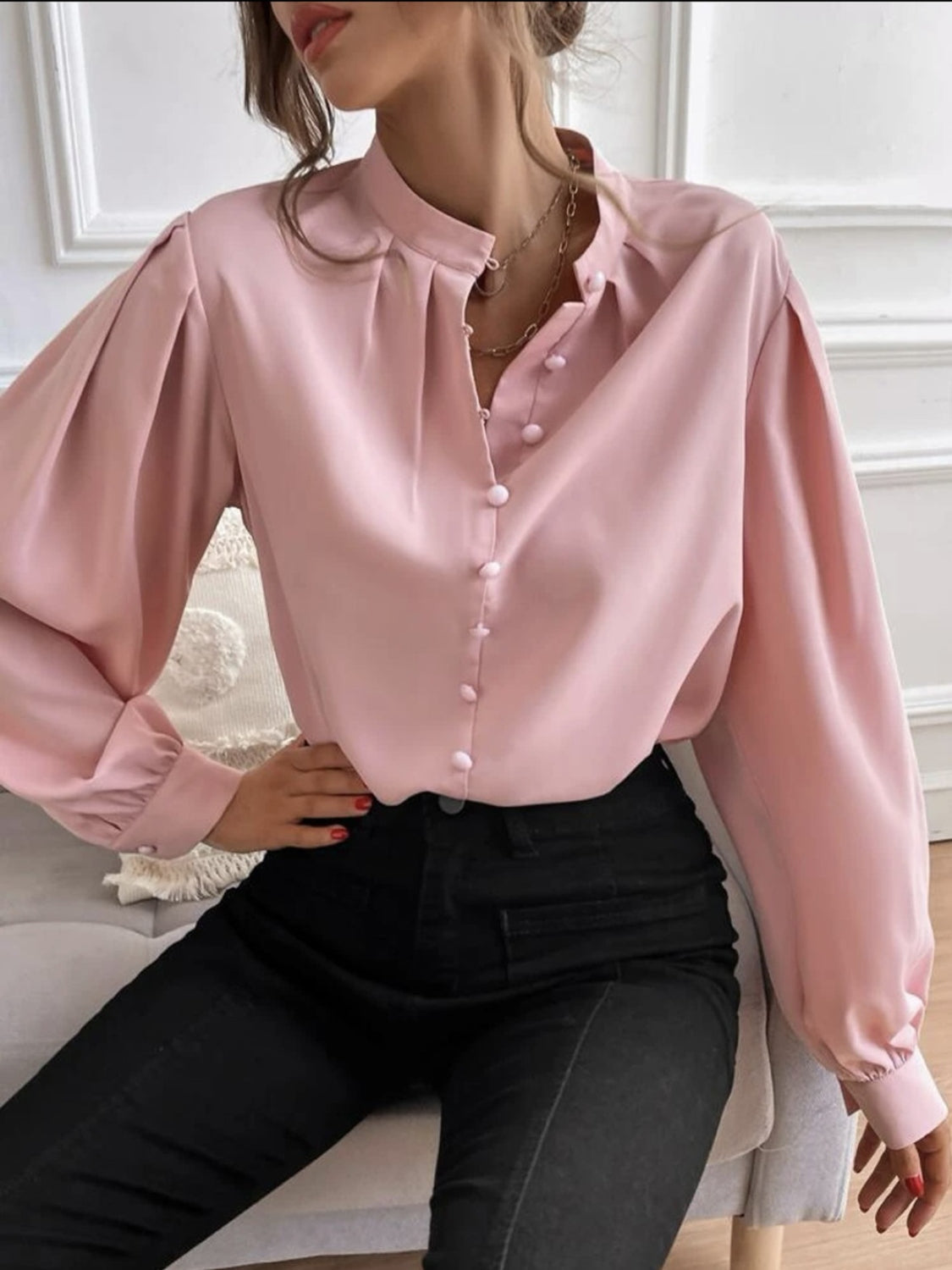 Mock Neck Button Front Shirt Blush Pink