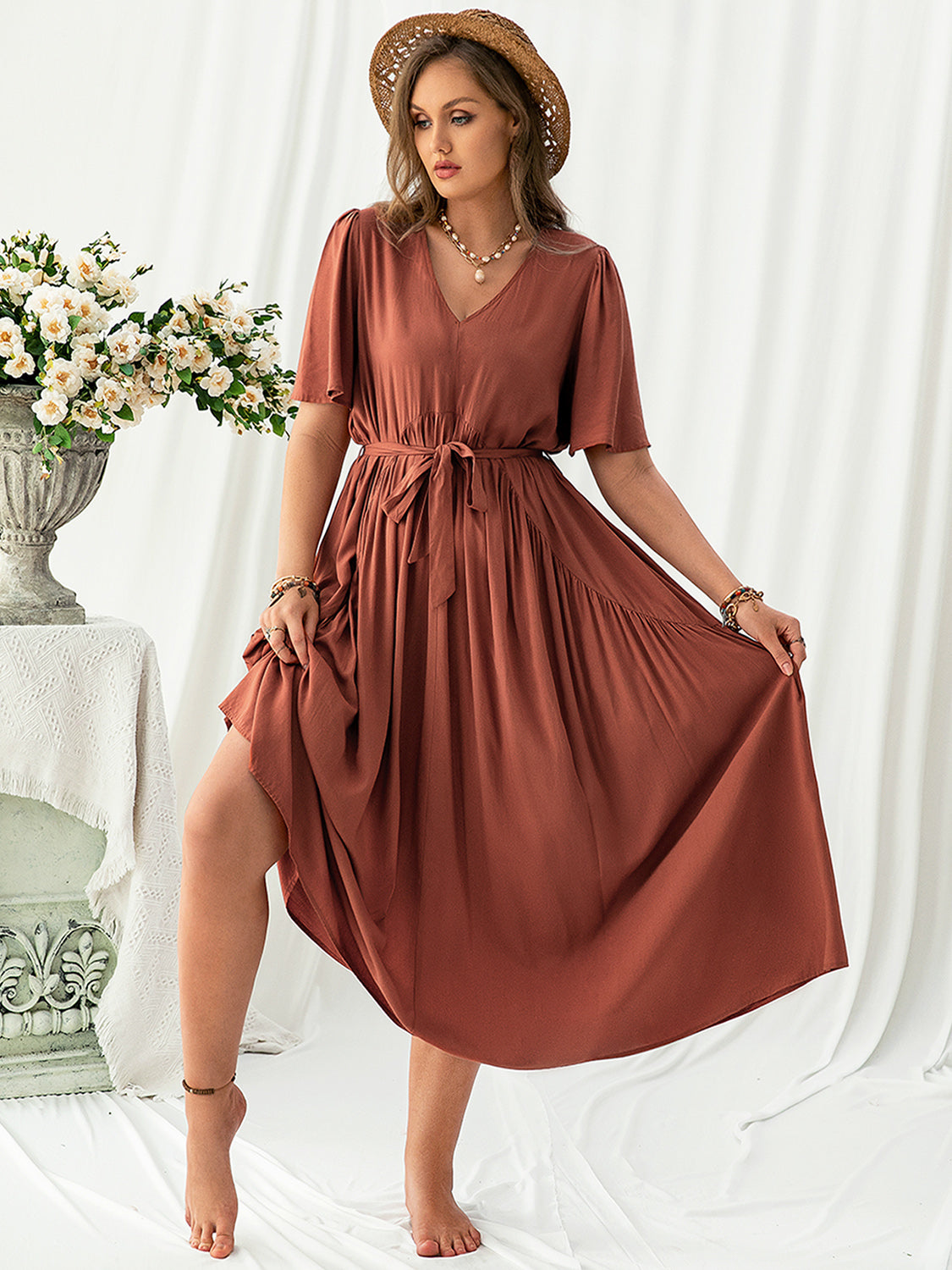 Plus Size V-Neck Flutter Sleeve Midi Dress - Thandynie