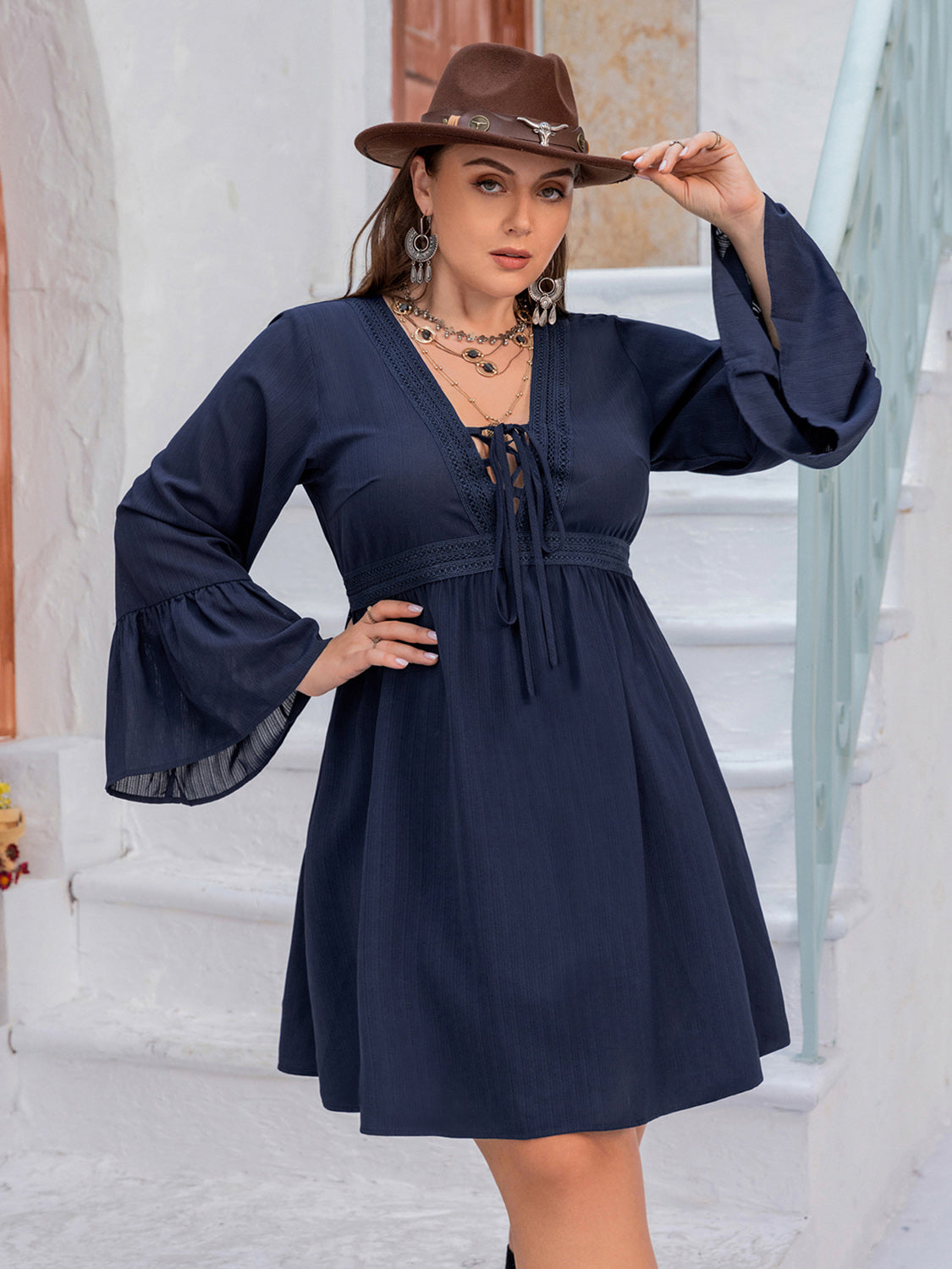 Plus Size Tie Front V-Neck Flare Sleeve Dress - Thandynie