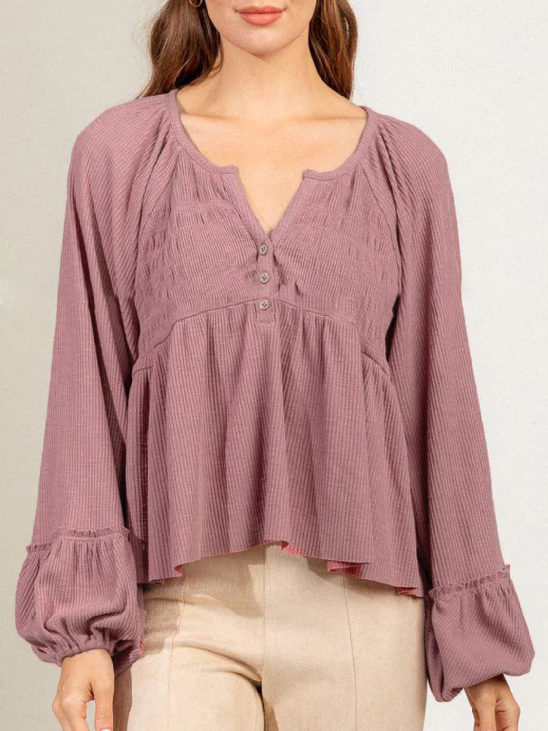 Notched Balloon Sleeve Peplum Blouse Dusty Pink