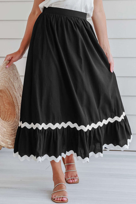 Black Ricrac Trim Colorblock High Waist Long Skirt Black 100%Cotton