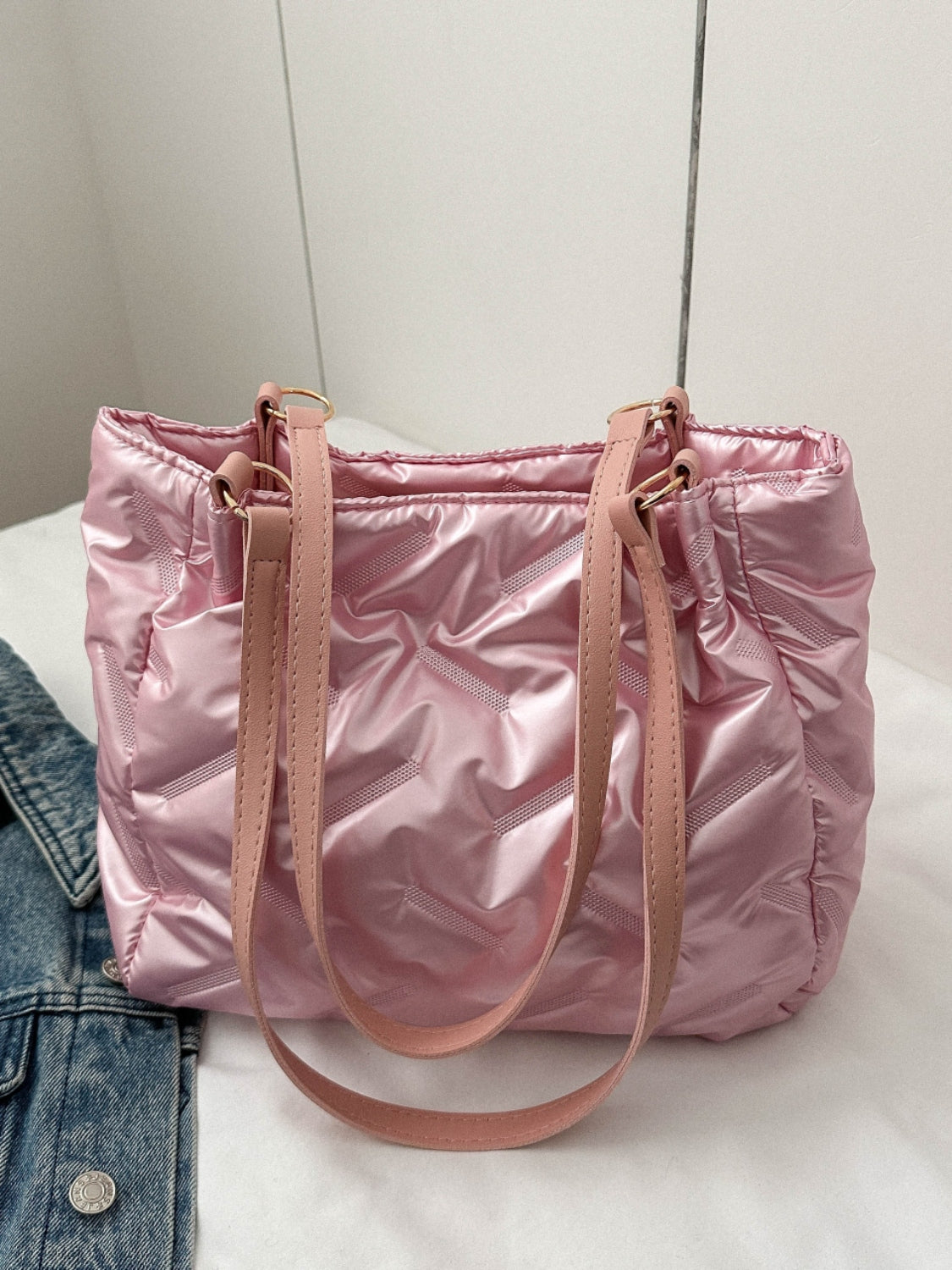 Textured Polyester Shoulder Bag Pink One Size