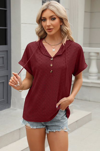 Eyelet Drawstring Hooded Short Sleeve Blouse Burgundy