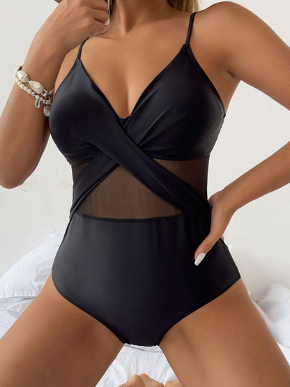 V-Neck One-Piece Swimsuit with Spaghetti Straps