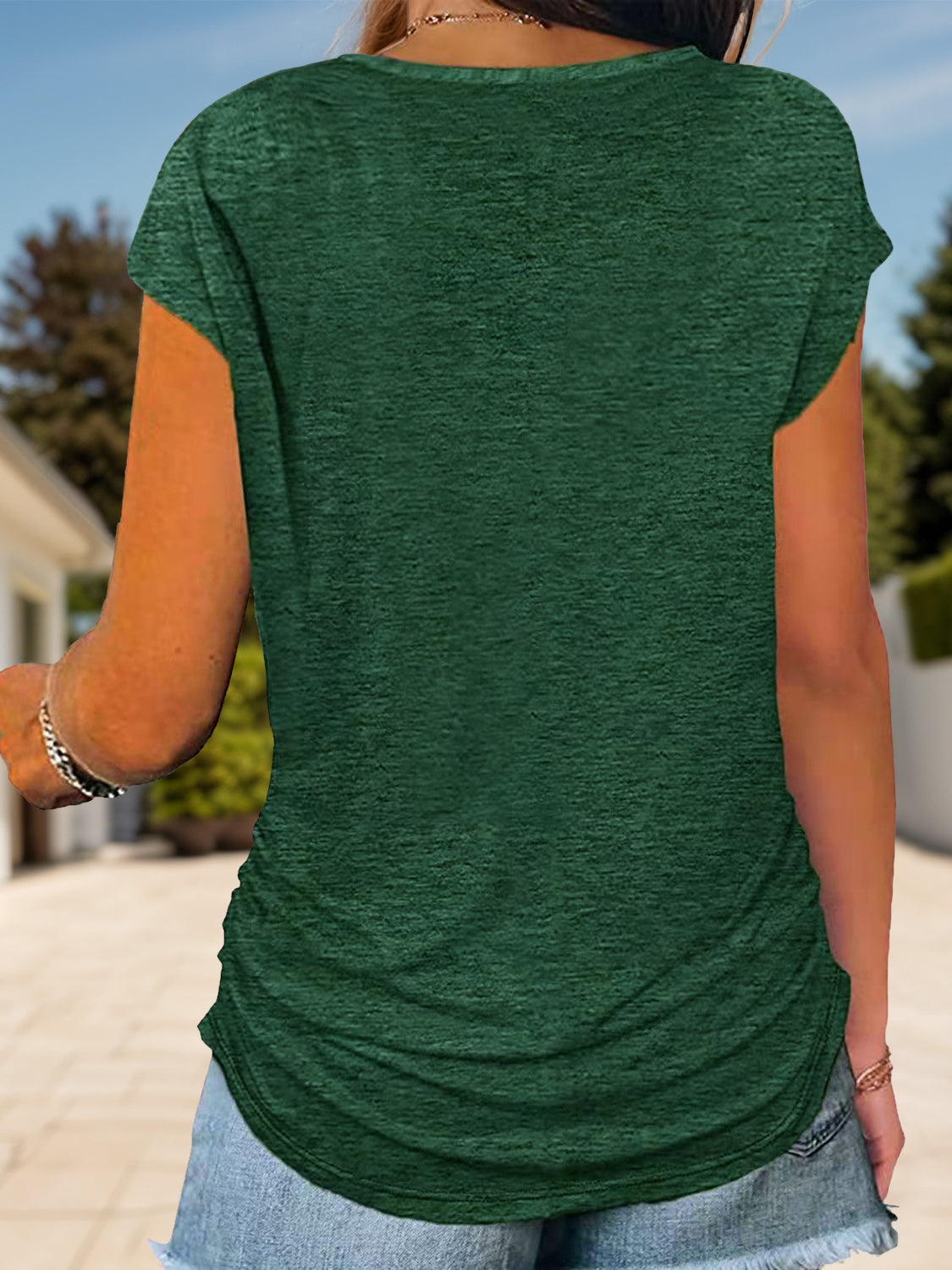 Full Size Half Zip Cap Sleeve T-Shirt Dark Green