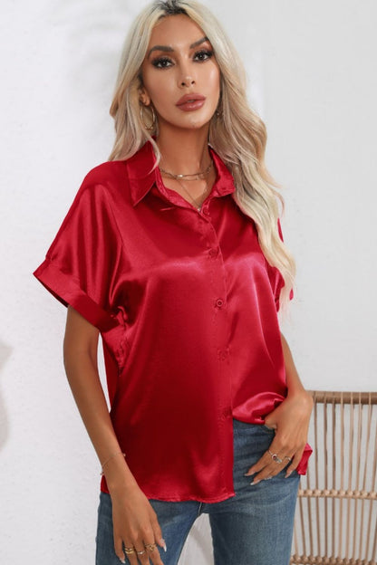 Collared Neck Short Sleeve Shirt Scarlet