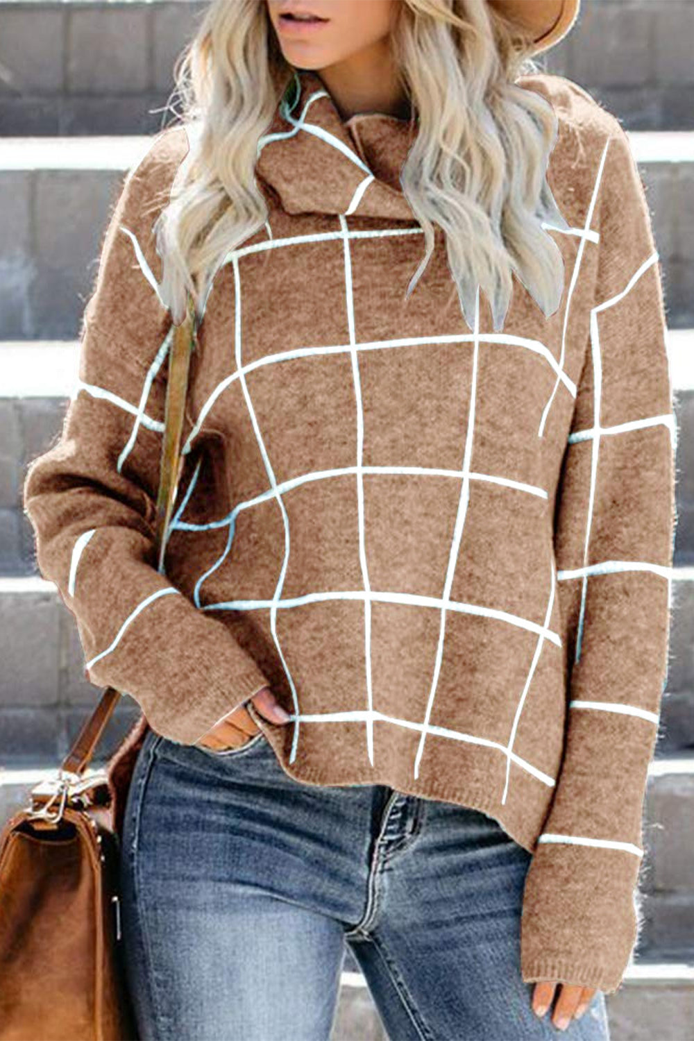 Plaid Turtleneck Drop Shoulder Sweater Khaki