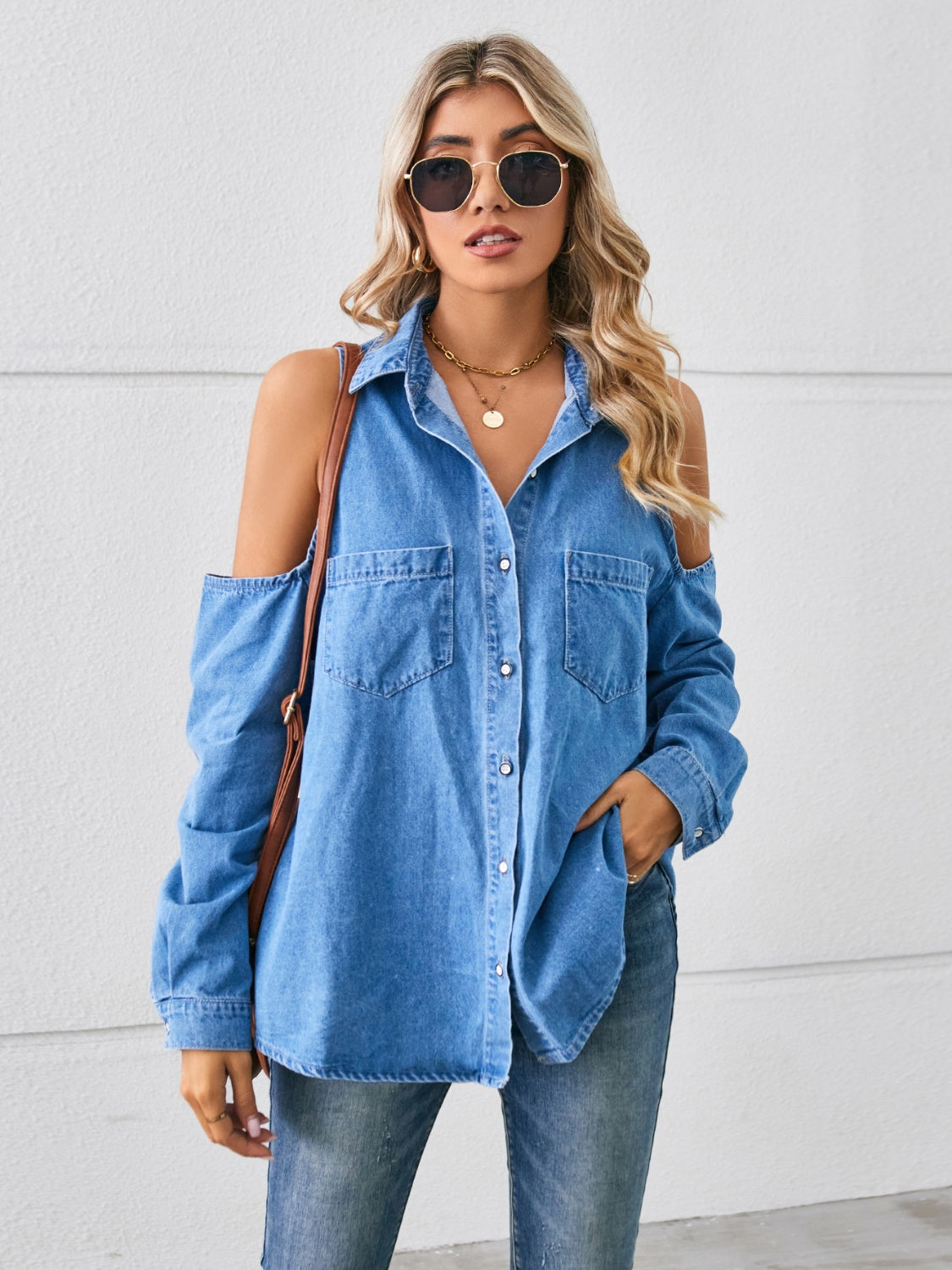 Cold Shoulder Pocketed Button Up Denim Jacket Blue