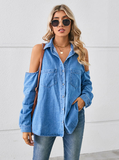 Cold Shoulder Pocketed Button Up Denim Jacket Blue