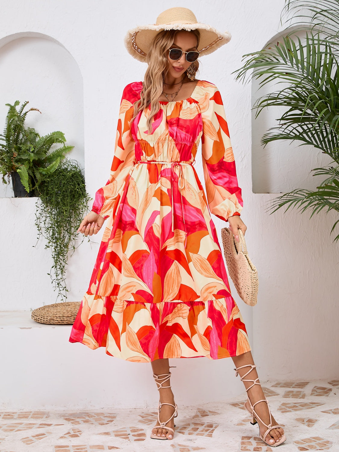 Printed Long Sleeve Midi Dress Orange