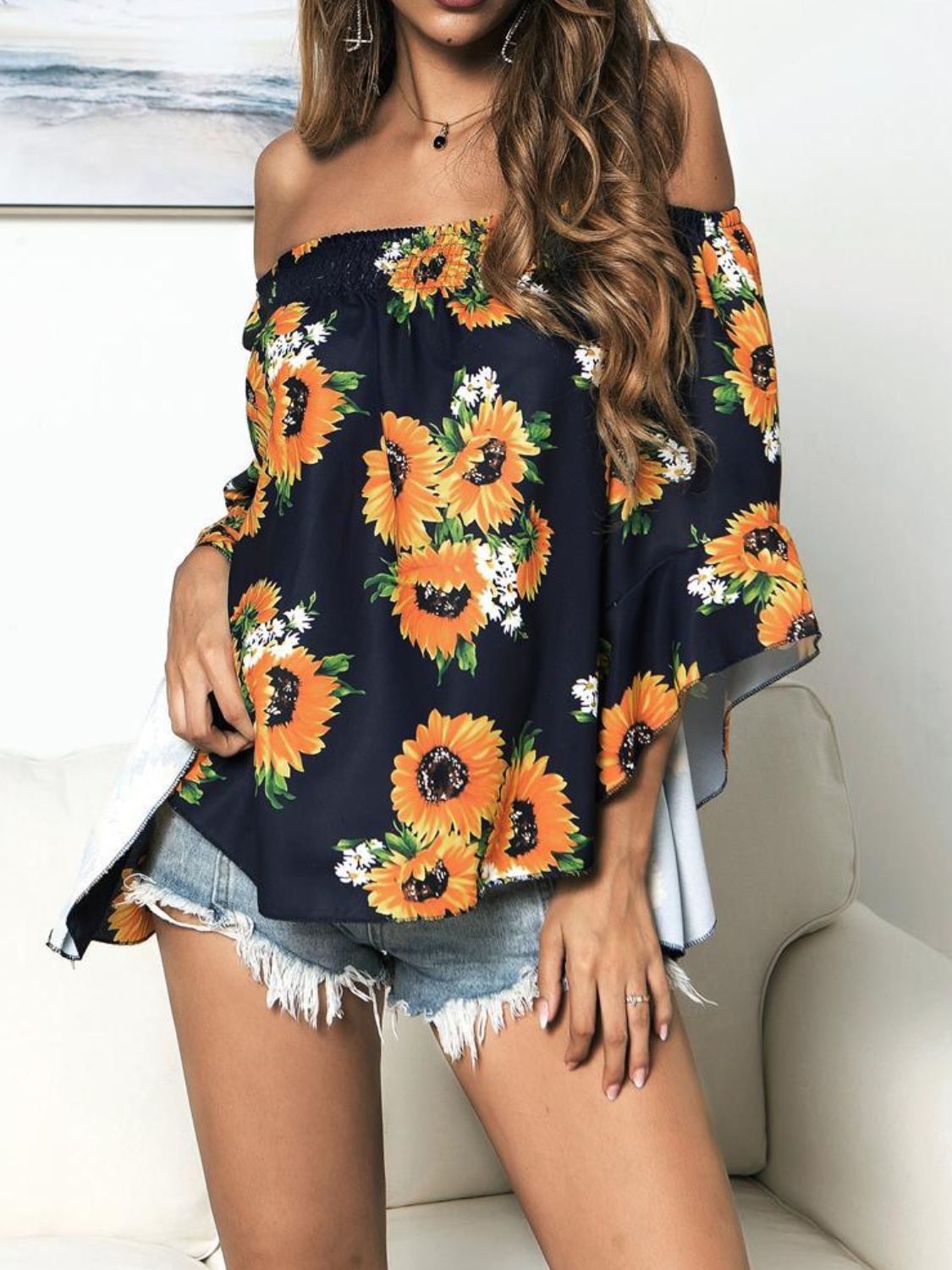 Floral Print Off-Shoulder Flounce Sleeve Blouse - Thandynie