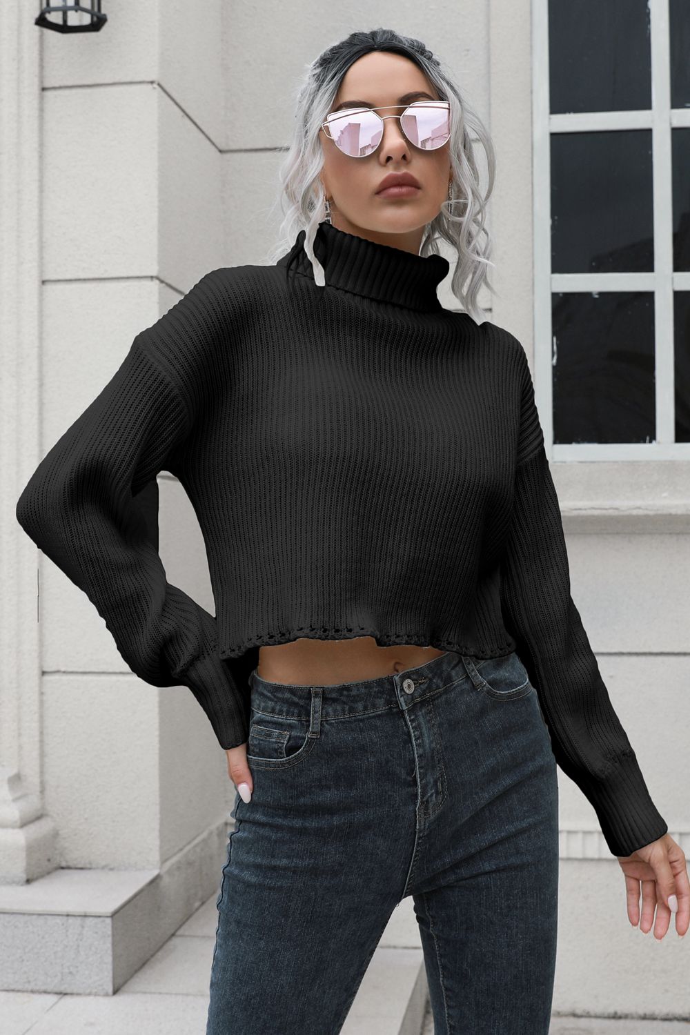 Turtleneck Dropped Shoulder Sweater Black