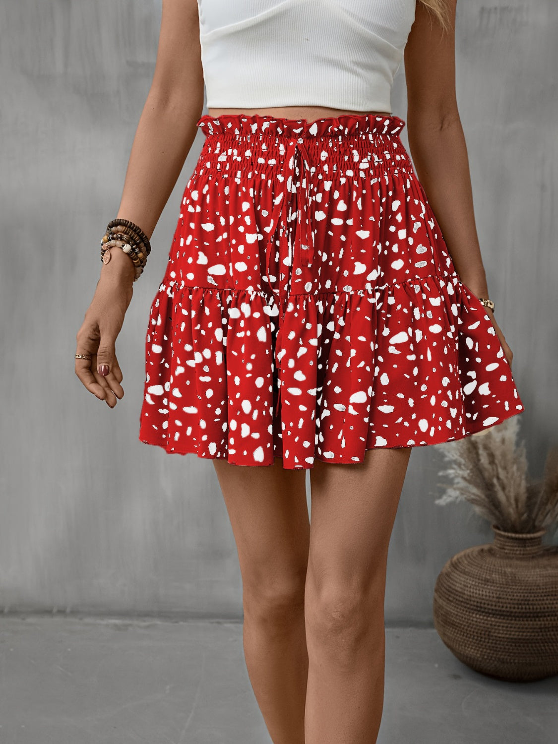 Frill Tied Printed Mini Skirt Deep Red