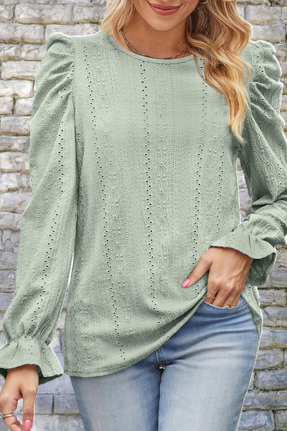 Round Neck Puff Sleeve Blouse Light Green