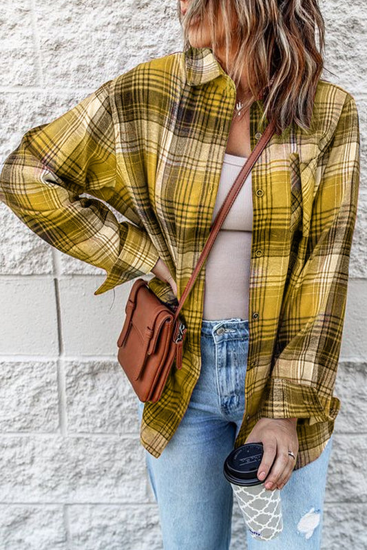 Pocketed Plaid Button Up Long Sleeve Shirt Yellow