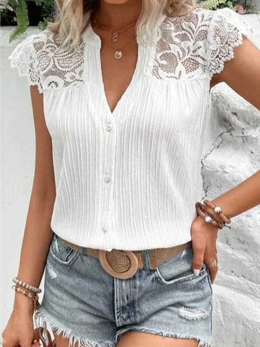 Lace Detail Notched Cap Sleeve Blouse White