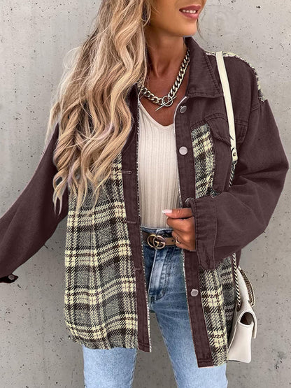 Plaid Button Up Dropped Shoulder Jacket Brown