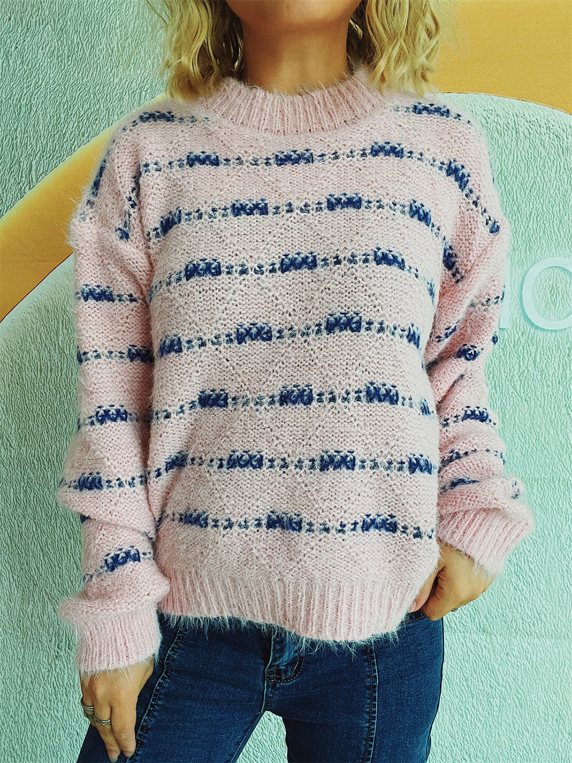 Striped Round Neck Long Sleeve Sweater Blush Pink One Size