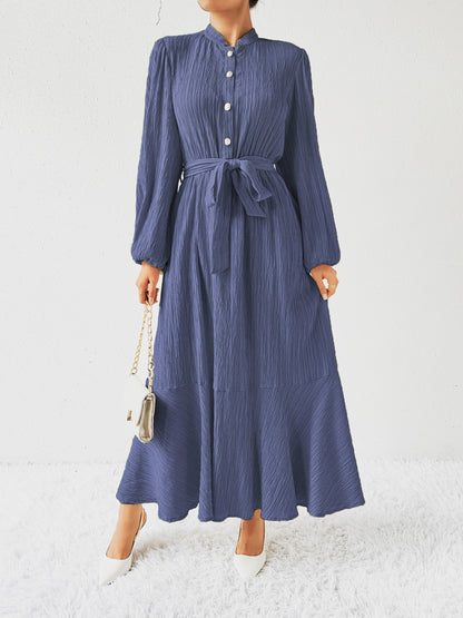 Tie Waist Long Sleeve Dress Dusty Blue