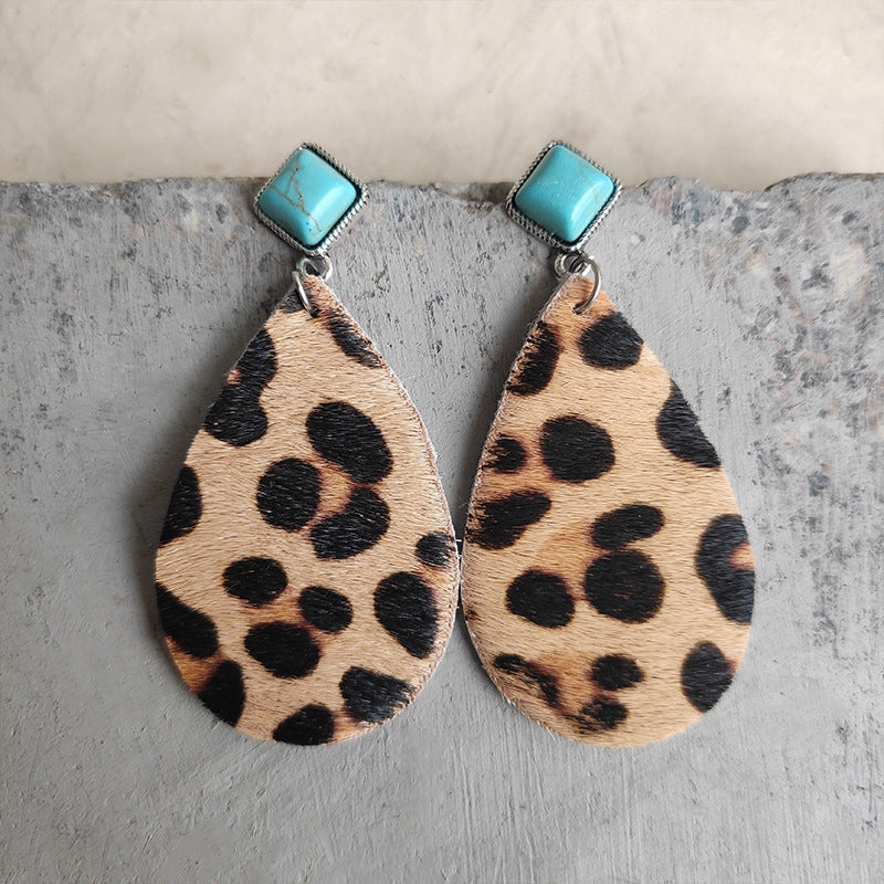 Artificial Turquoise Teardrop Earrings Leopard One Size